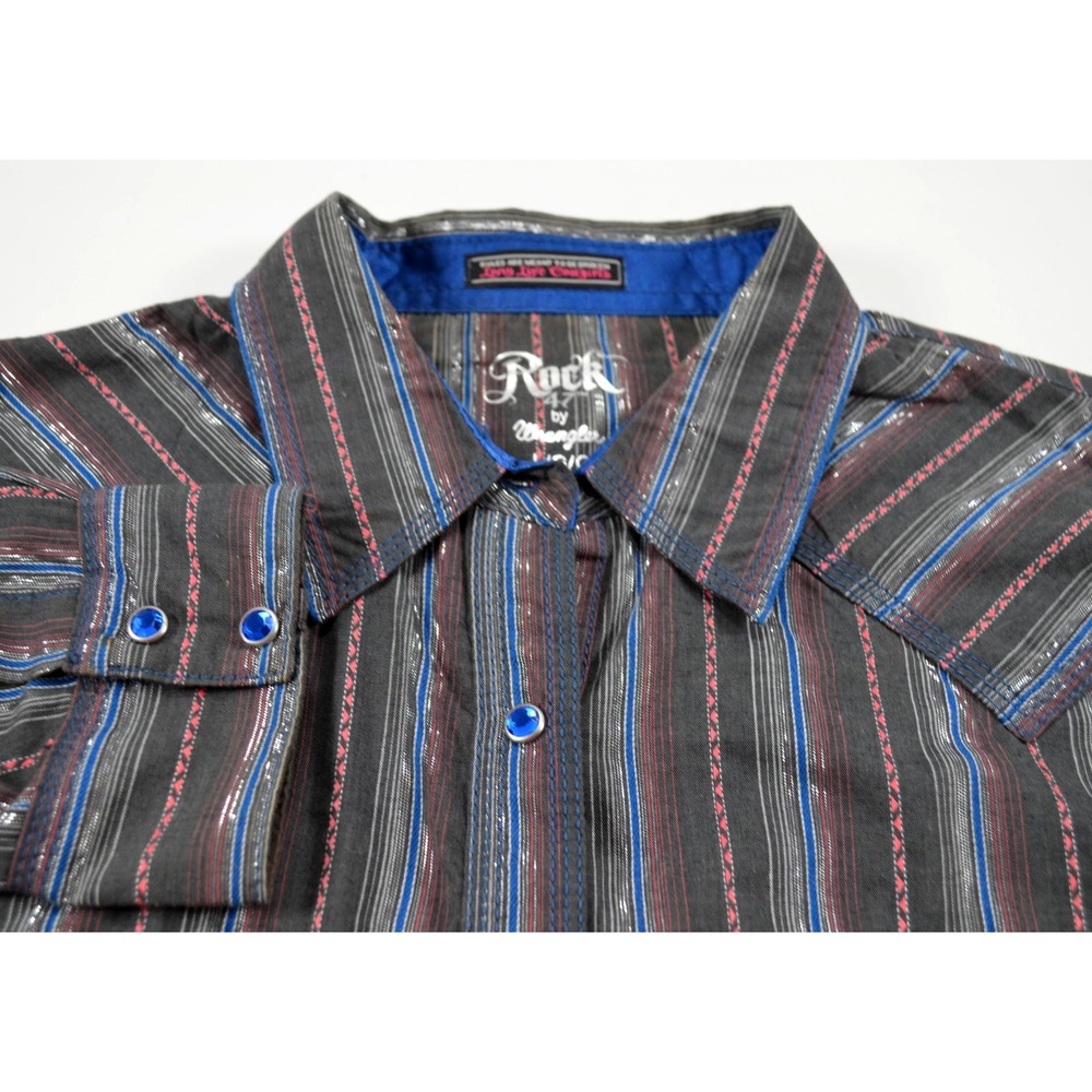 Rock 47 by Wrangler Gray Striped Shirt‎ Women's L Blue Rhinestone Snaps
